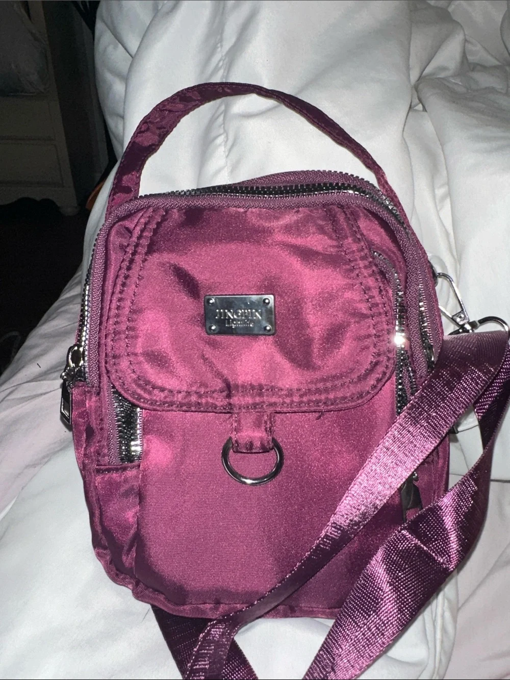 NWOT jingpin Women Bags Baby Bags Compact Burgundy Crossbody Bag silver accents